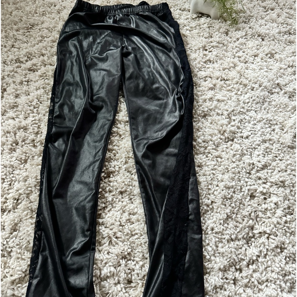 Super cute, shiny disco rave, black leather like mesh on the side pants …